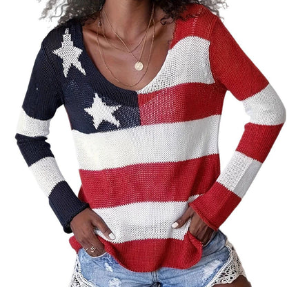 American Flag V-Neck Sweater Women Patriotic Knit Top