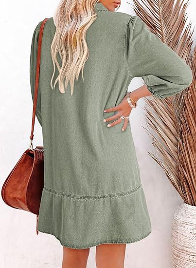 Women's V-Neck Denim Dress Puff Sleeve Tiered Jean Dress