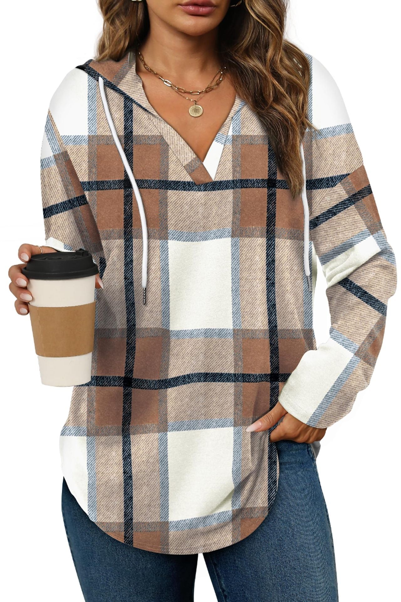 Women's Plaid Fleece V-Neck Hoodie Pullover