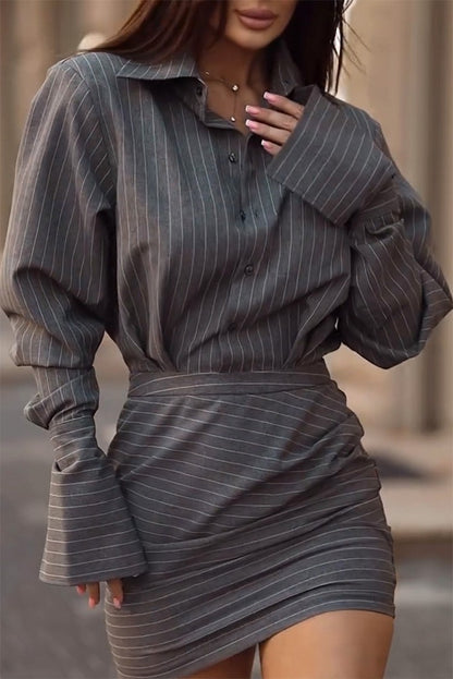 Women Striped Shirt Mini Skirt Two Piece Matching Set