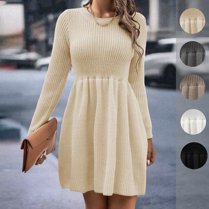 Ribbed Crew Neck Long Sleeve Fit and Flare Sweater Dress