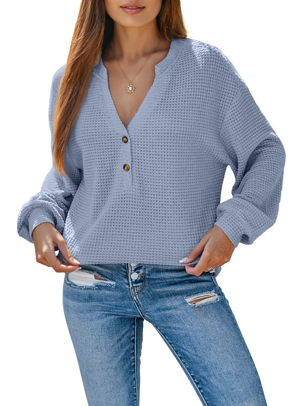 Women's Waffle Knit Long Sleeve Henley Top