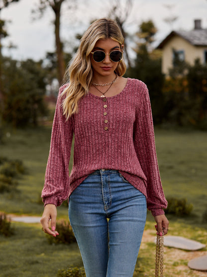 Ribbed Button Front Long Sleeve Knit Top for Women