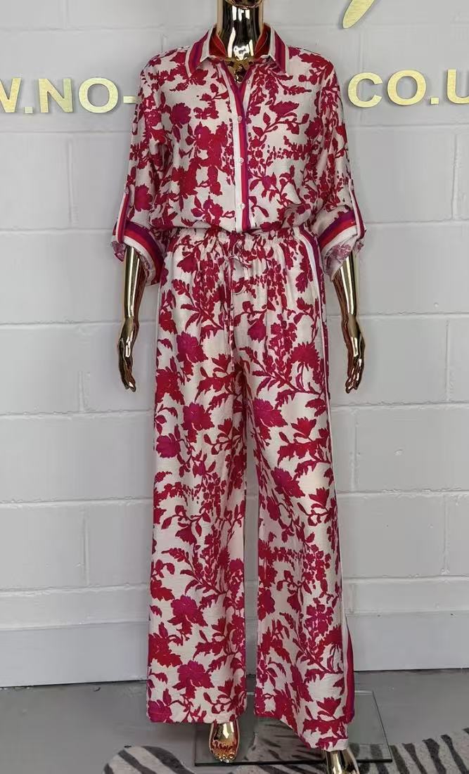 Women's Floral Button-Up Shirt & Wide Leg Pants Set