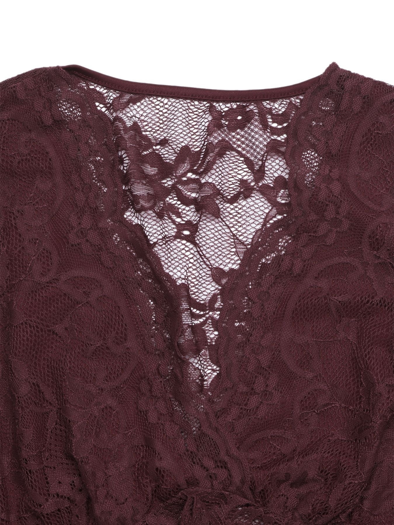 Floral Lace Tie Front Bell Sleeve Sheer Bodysuit