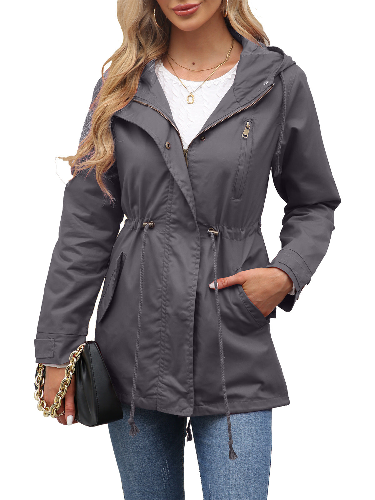 Women's Cotton Hooded Utility Jacket Drawstring Waist
