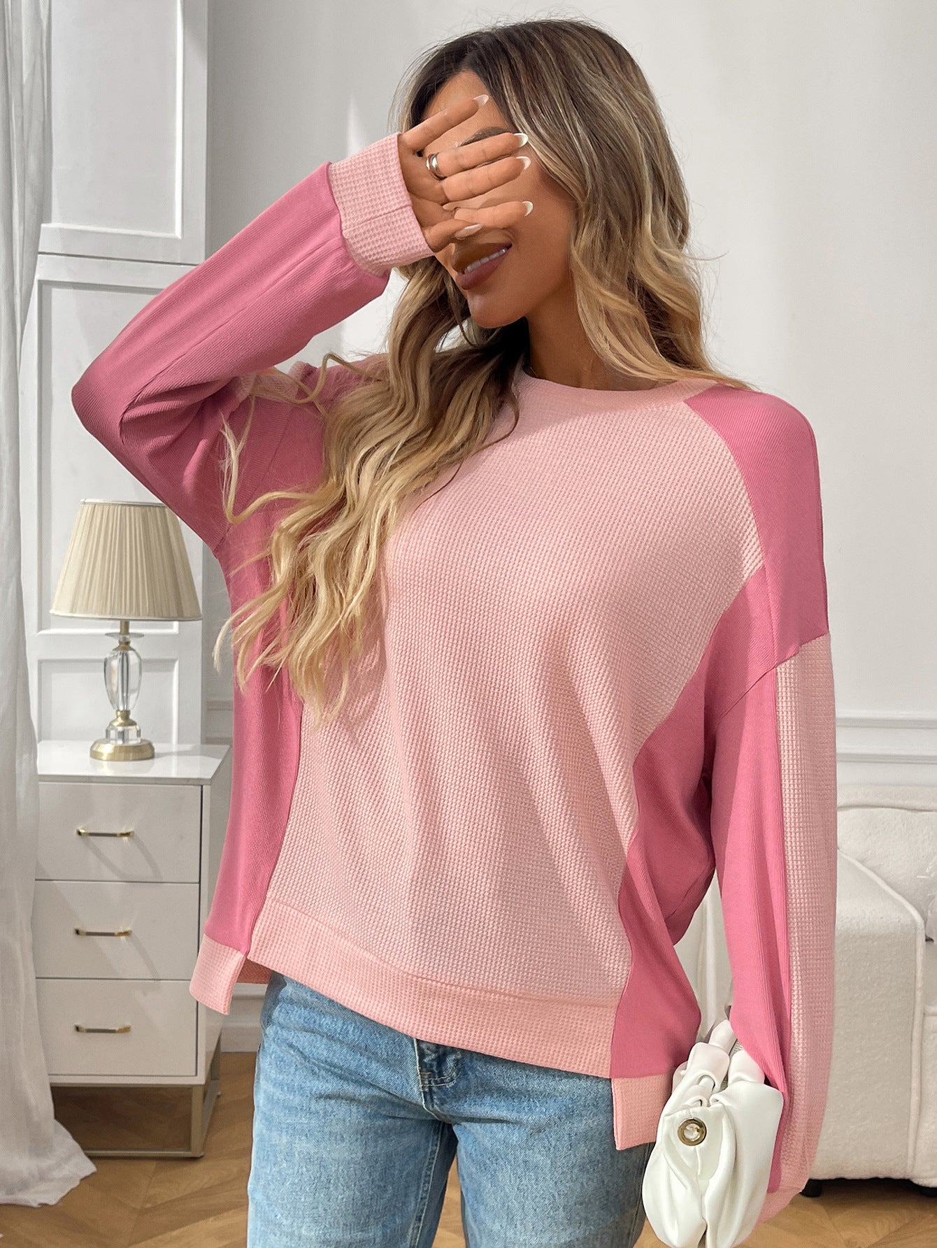 Color Block Waffle Knit Long Sleeve Pullover Top