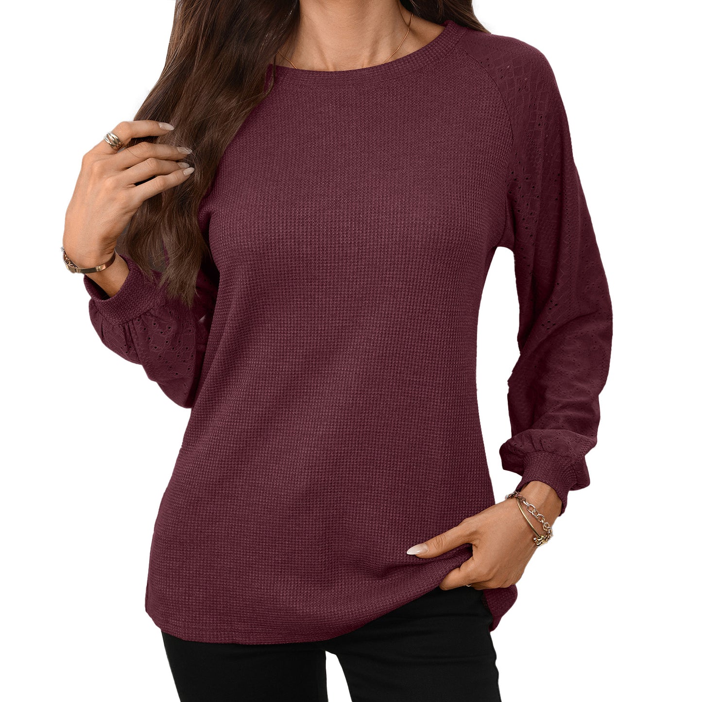 Solid Waffle Knit Top Lace Sleeve Crewneck Tee