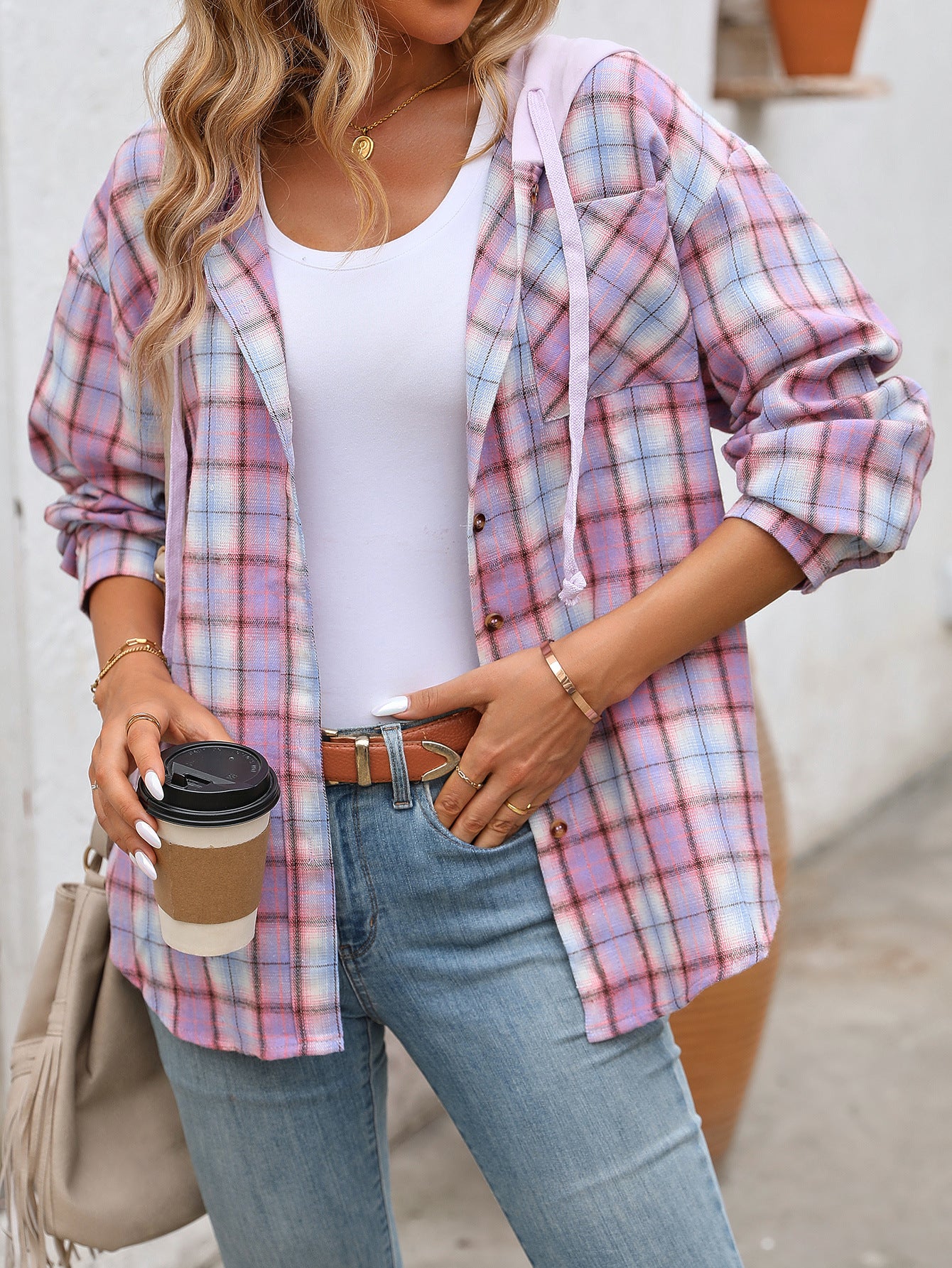Plaid hooded button down shirt oversized fit