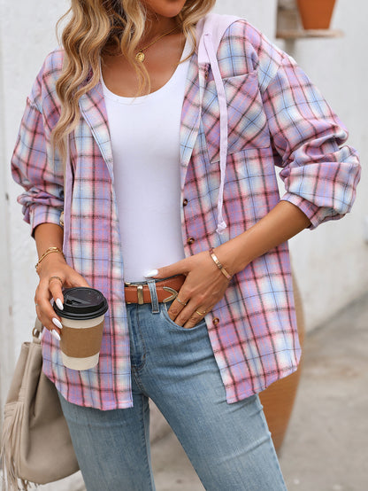 Plaid hooded button down shirt oversized fit