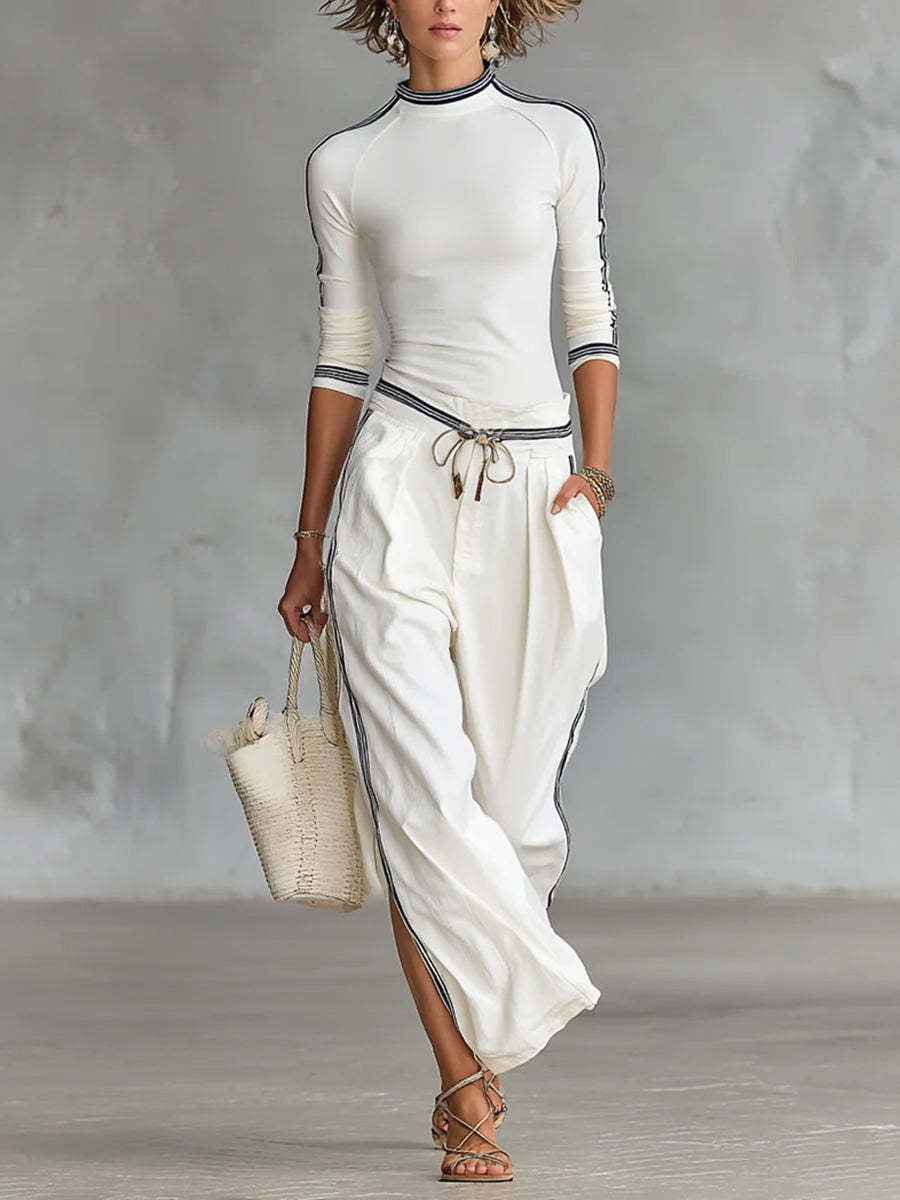 Women's Mock Neck 2 Piece Set Striped Wide Leg Pants