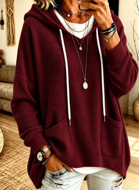 Women's Oversized Waffle Knit Hoodie Drawstring Pullover