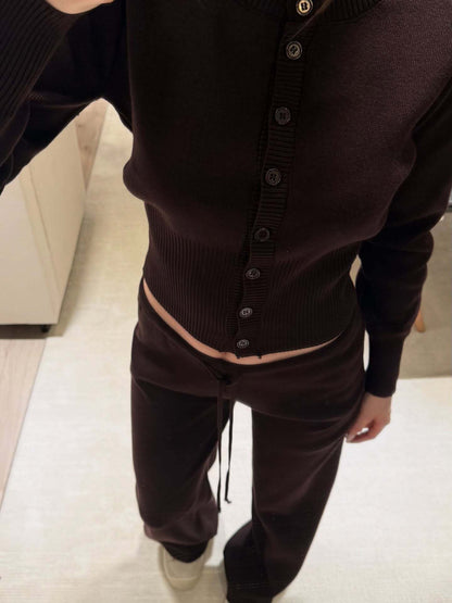 Women's Two Piece Ribbed Knit Cardigan Wide Leg Pants Set