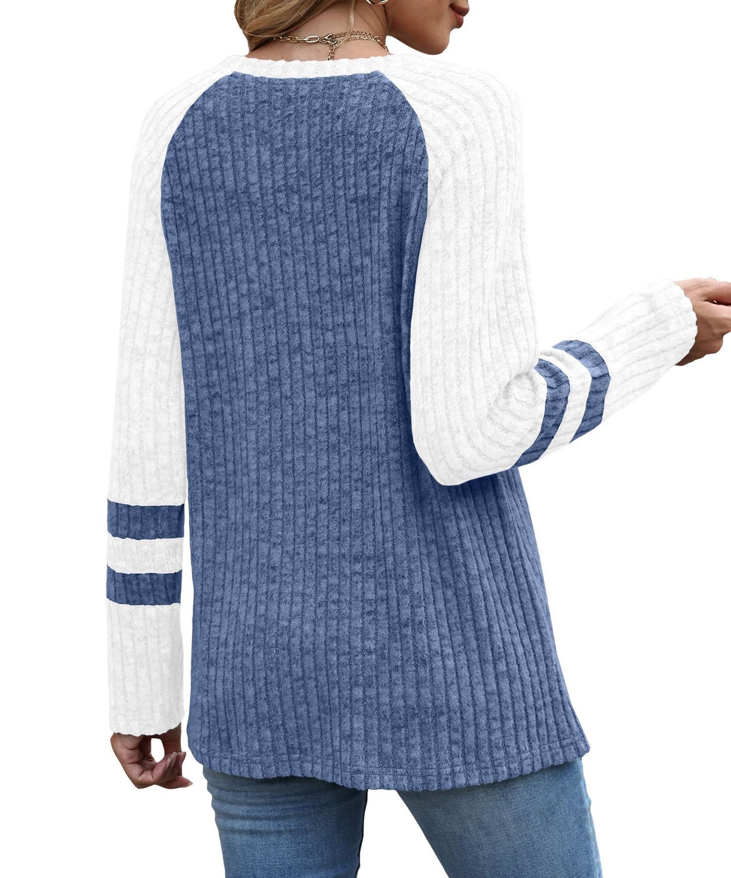 Colorblock Ribbed Knit Sweater Women Casual Pullover Top