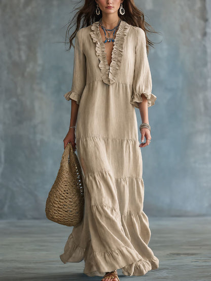 Women's Boho Tiered Ruffle Maxi Dress V-Neck 3/4 Sleeve