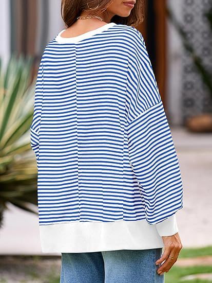 Oversized Waffle Knit Striped Crewneck Side Slit Pullover