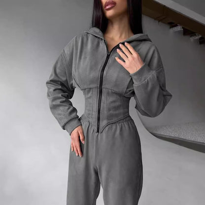 Women's Cinch Waist Zip-Up Hoodie Sweatpants Set