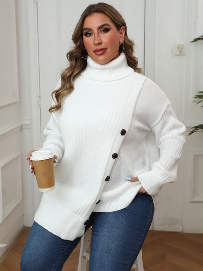 Women's Irregular Button Medium and Long Thickened Turtleneck Sweater