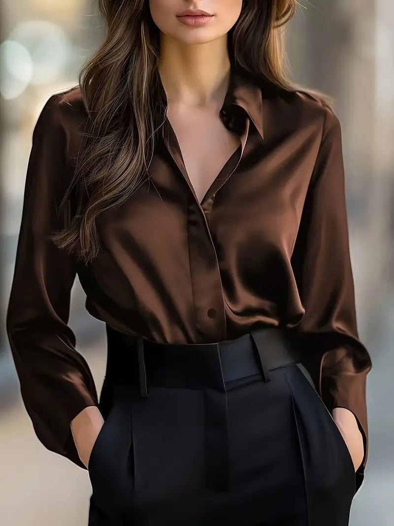 Women's Satin Long Sleeve Button Up V-Neck Blouse