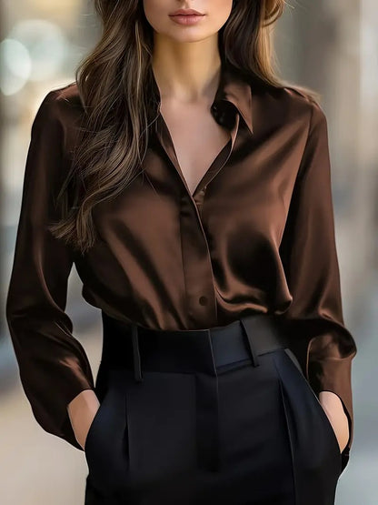 Women's Satin Long Sleeve Button Up V-Neck Blouse