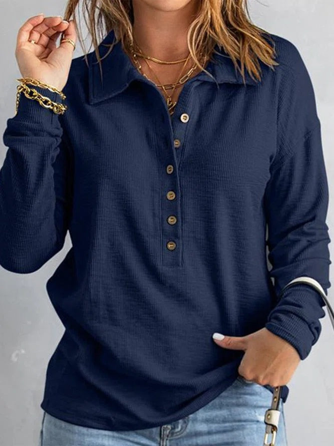 Oversized Ribbed Knit Collared Button Front Long Sleeve Top