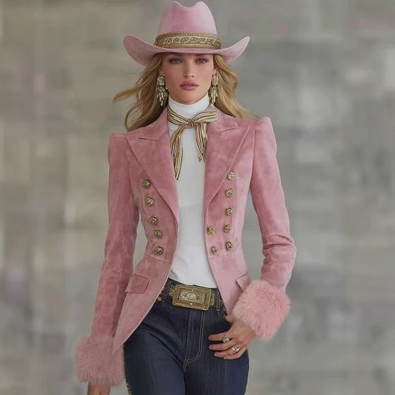 Women's Pink Suede Western Blazer Fur Cuff Jacket
