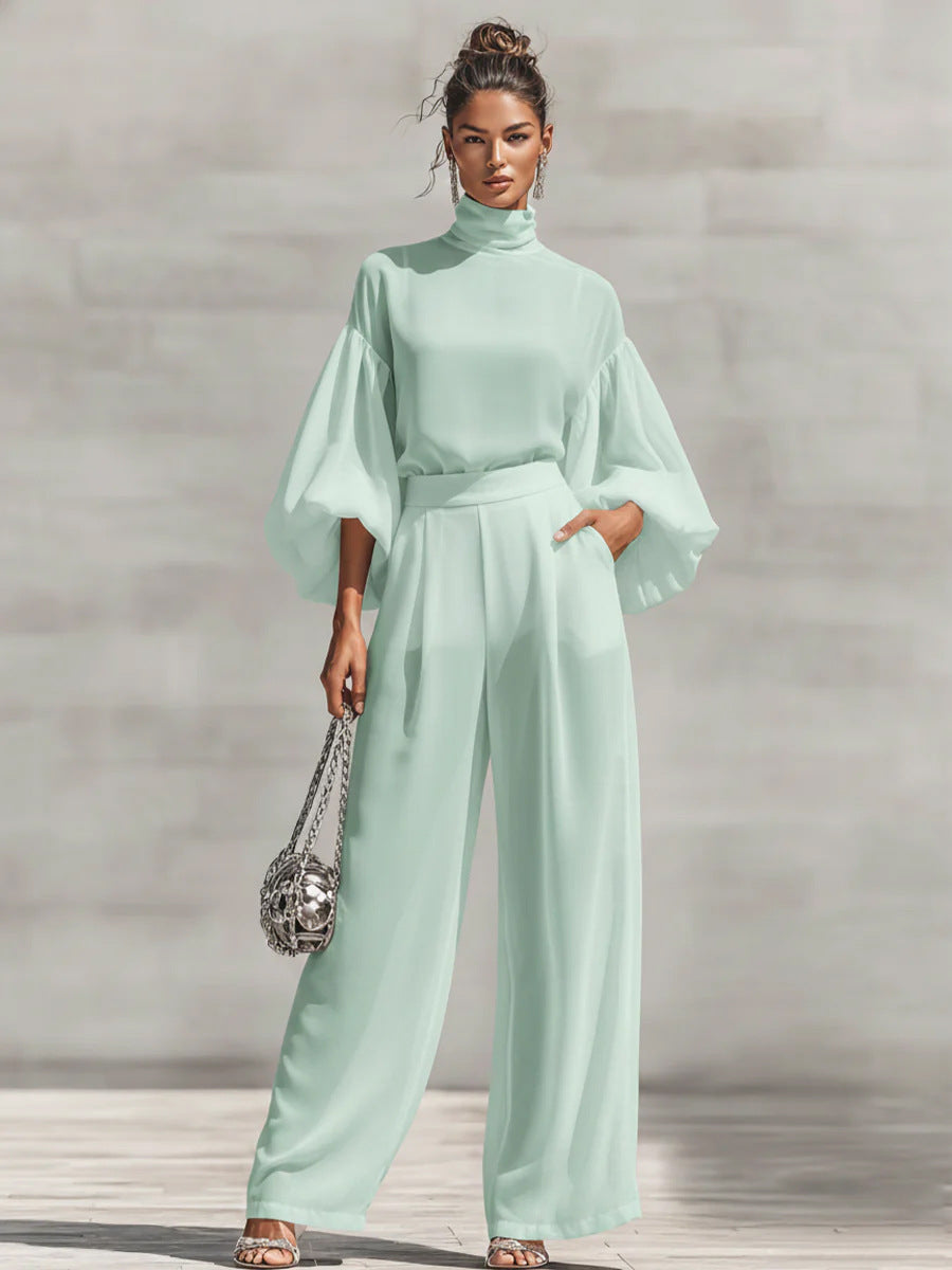 Women's Lantern Sleeve Blouse Wide Leg Pants Two Piece Set