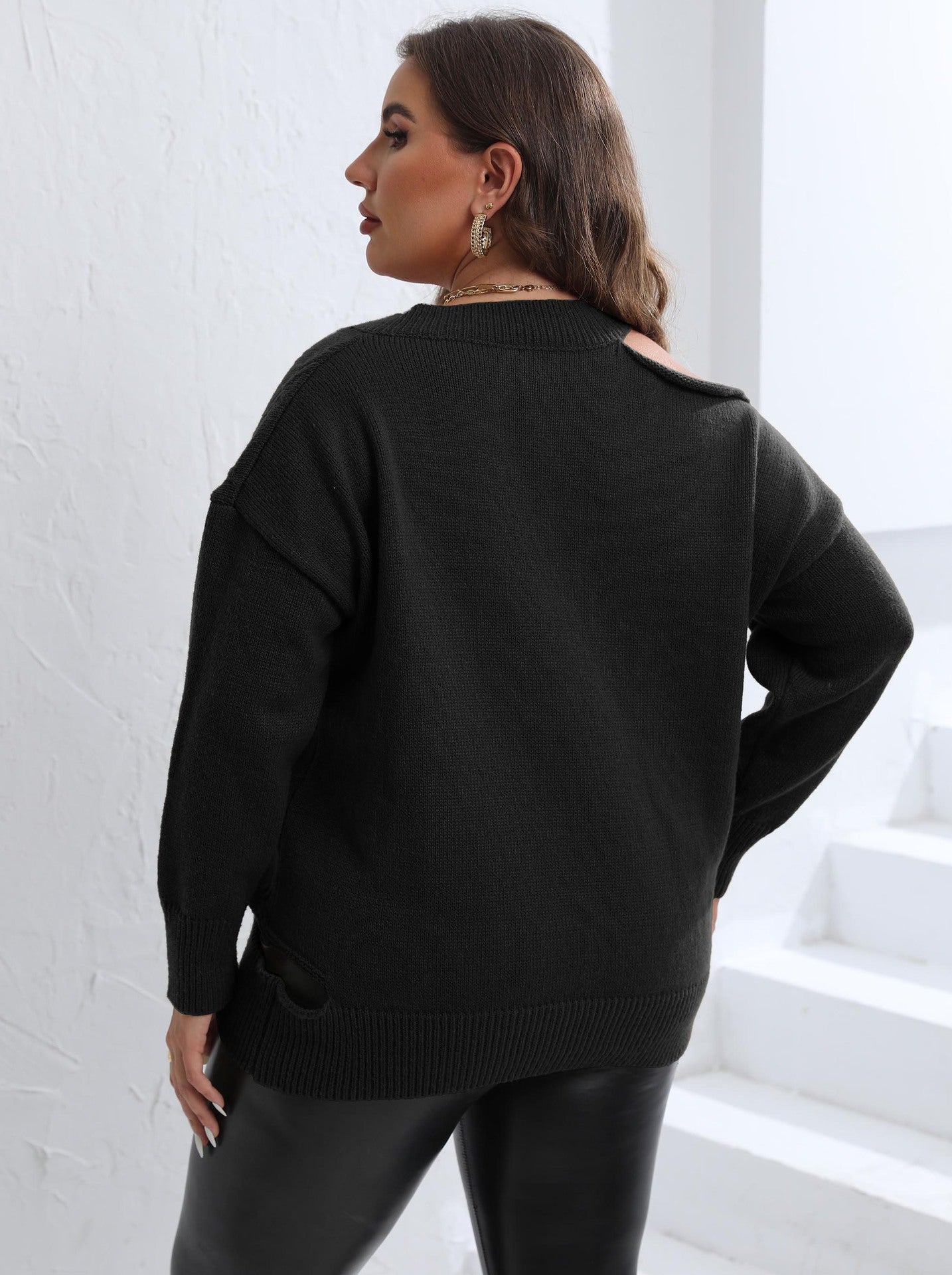 Women's Personalized Off-Shoulder Woven Sweater V-Neck Pullover Sweater