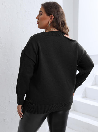 Women's Personalized Off-Shoulder Woven Sweater V-Neck Pullover Sweater