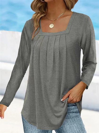 Women's Square Neck Pleated Long Sleeve Tunic Top