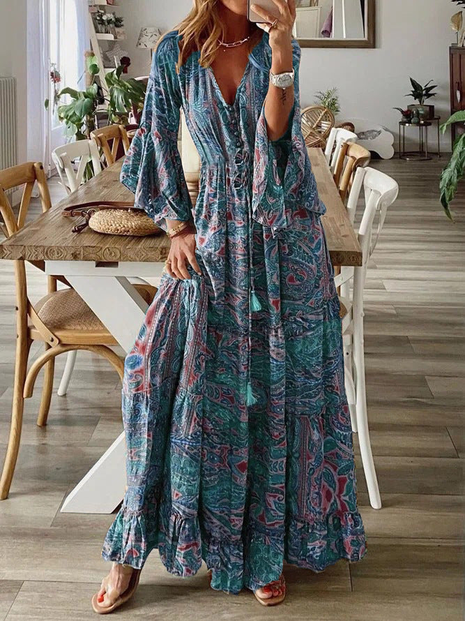 Women's Boho Floral V-Neck Bell Sleeve Maxi Dress Flowy