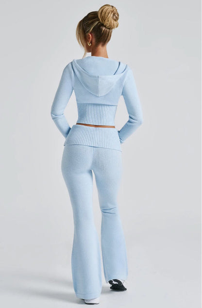 Women's 2 Piece Knit Hoodie Crop Top Pants Set