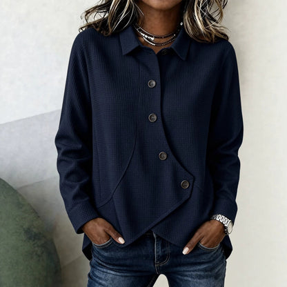 Women's Waffle Knit Button Down Collared Asymmetric Top