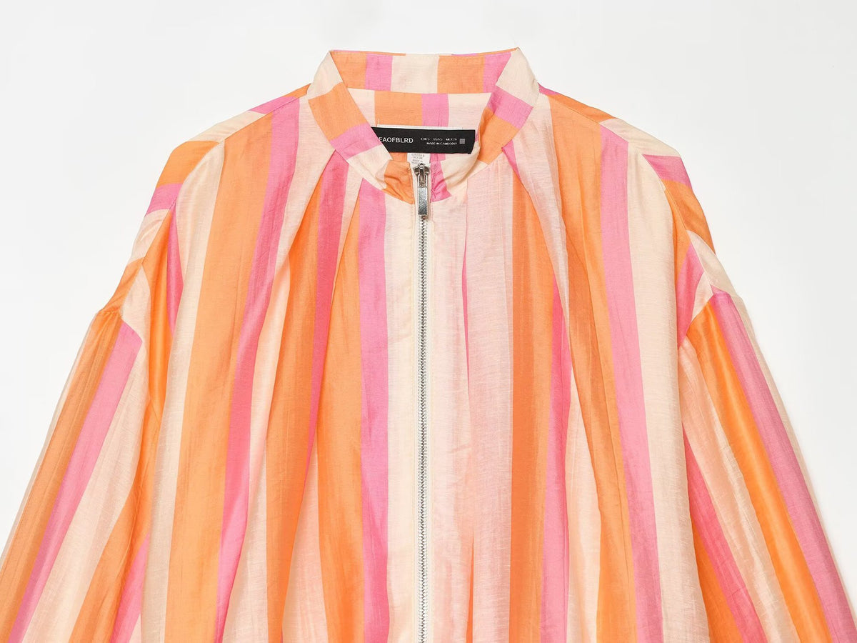 Women's Striped Bomber Jacket Zip Up Stand Collar