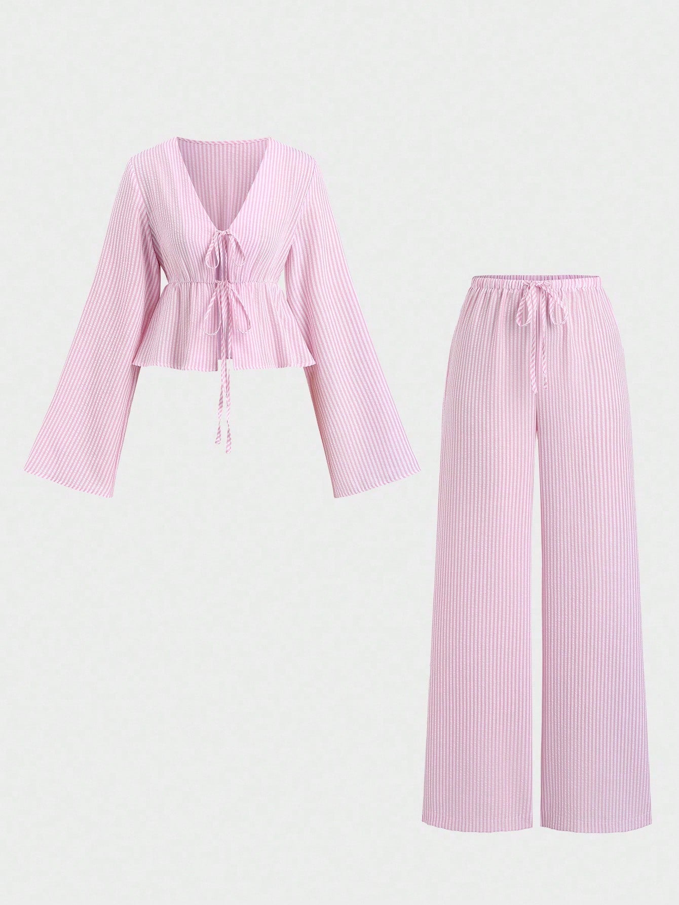 Striped Tie Front Top Wide Leg Pants Matching Set