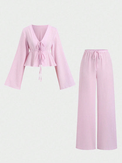 Striped Tie Front Top Wide Leg Pants Matching Set