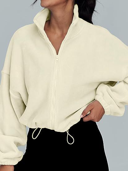 Womens Oversized Fleece Zip Up Jacket Stand Collar Cropped