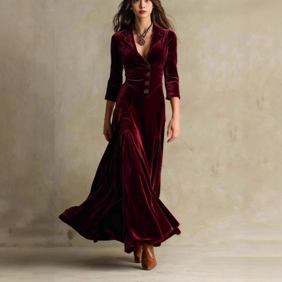 Collared Button Maxi Dress 3/4 Sleeve High Waist Flared