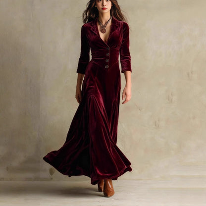 Collared Button Maxi Dress 3/4 Sleeve High Waist Flared