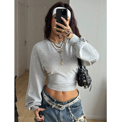 Y2K Crop Sweatshirt Slim Fit Solid Long Sleeve Top