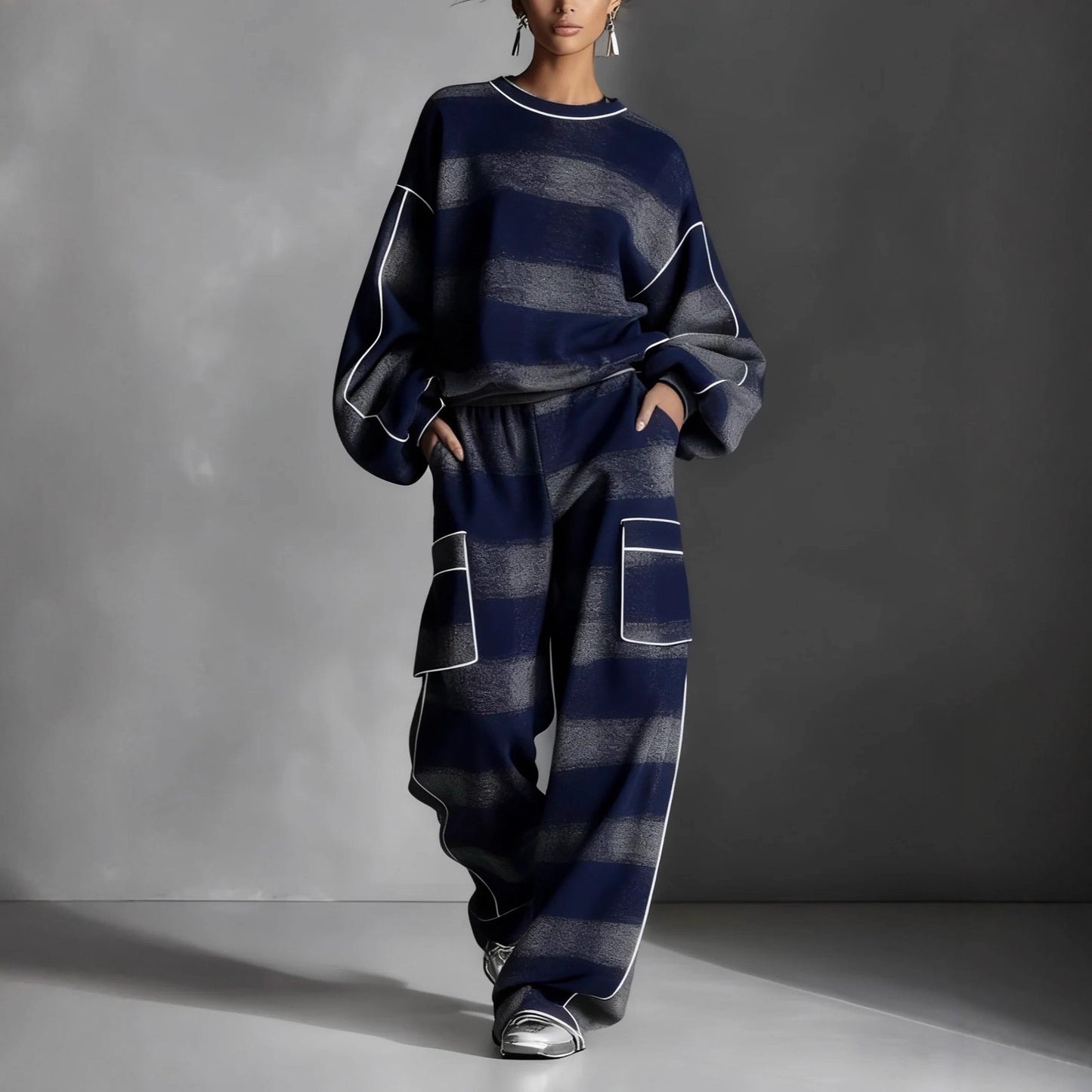 Women's Oversized Plaid Contrast Trim Sweatshirt Pants Set