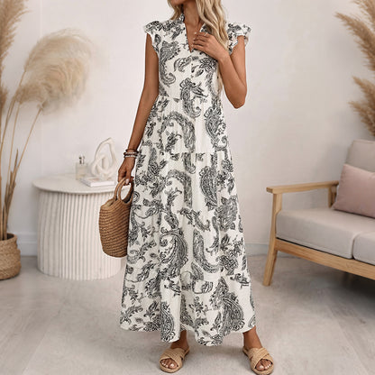 Boho Paisley Print V-Neck Flutter Sleeve Tiered Midi Dress