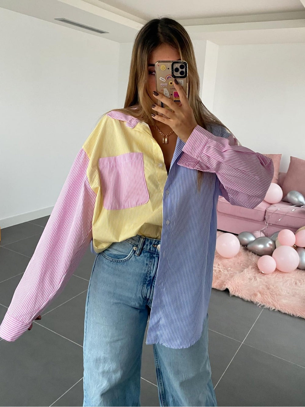 Women's Color Block Striped Oversized Button Down Shirt