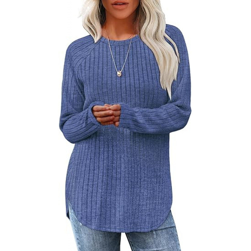 Women's Brushed Rib Long Sleeve Crew Neck Curved Hem Top