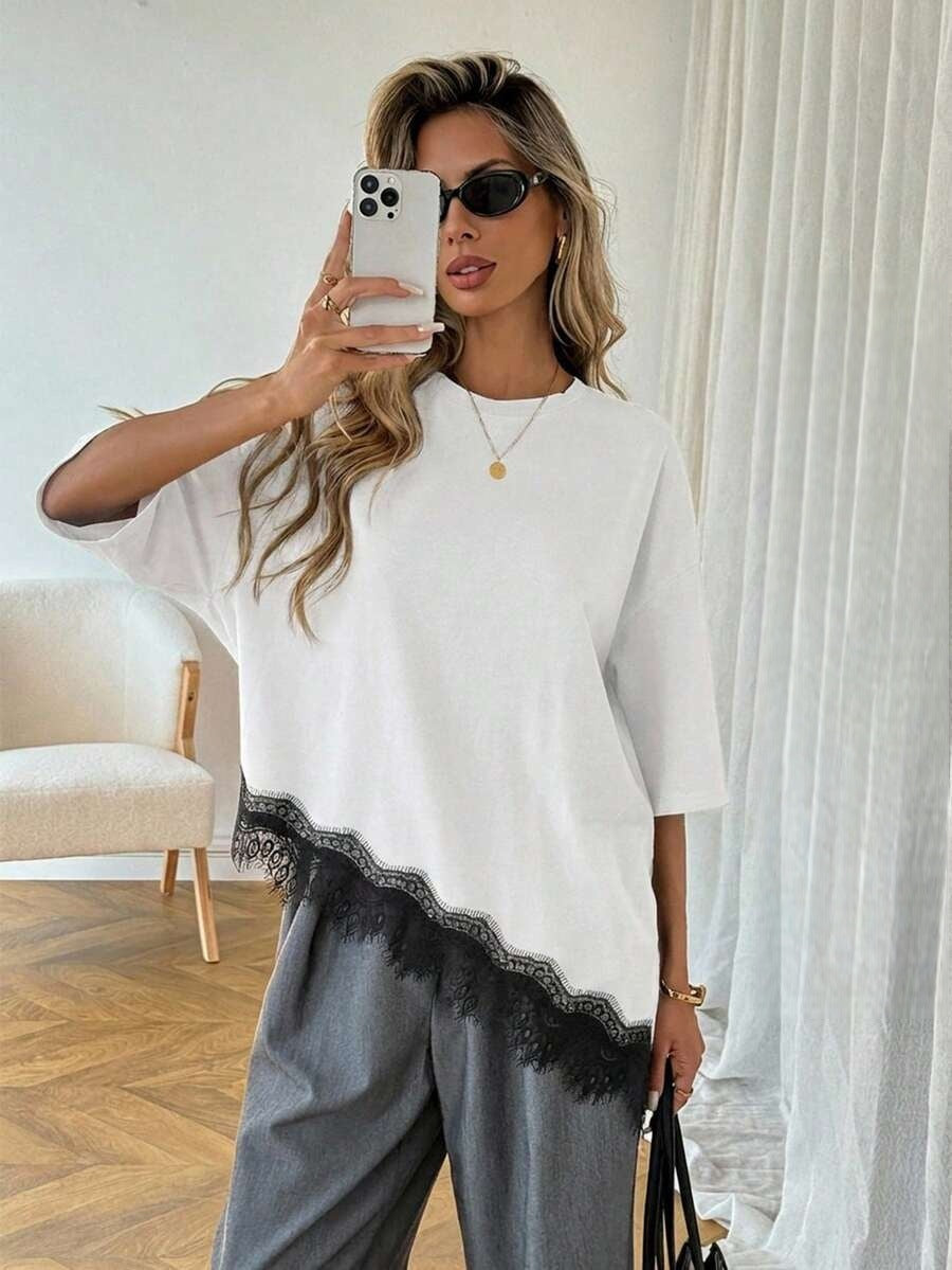 Lace Trim T Shirt Loose Fit Short Sleeve Top