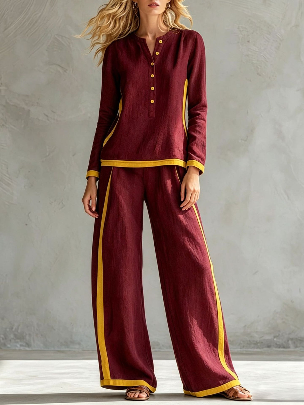Women's Colorblock Wide Leg Pant Set Button Front Top