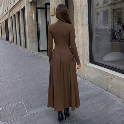 Solid Mock Neck Asymmetric Pleated Knit Maxi Dress