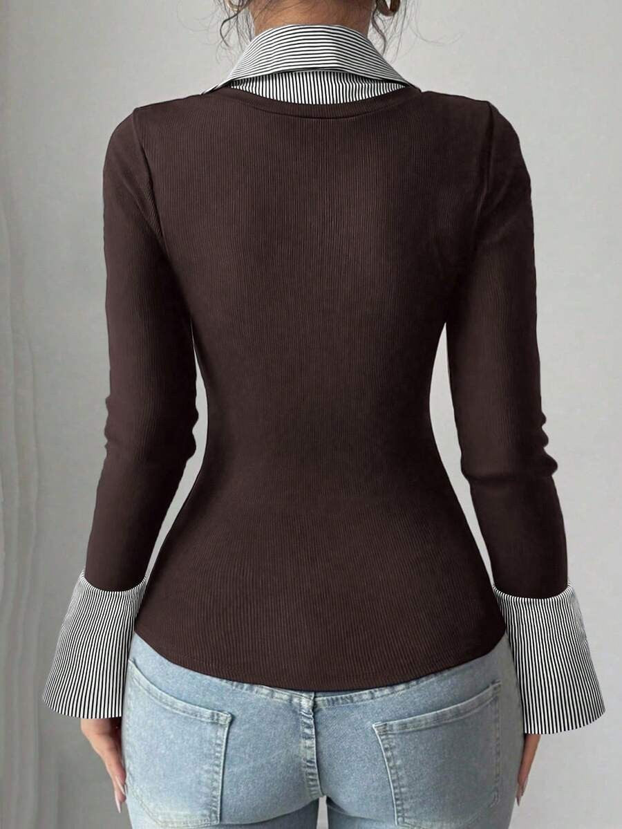 Faux Layered Collared Knit Top V Neck Long Sleeve Tee