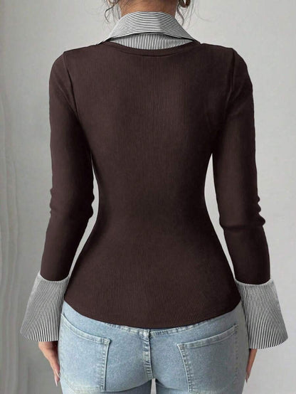 Faux Layered Collared Knit Top V Neck Long Sleeve Tee