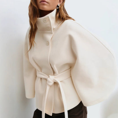 Women's Belted Cape Coat Stand Collar Button Jacket